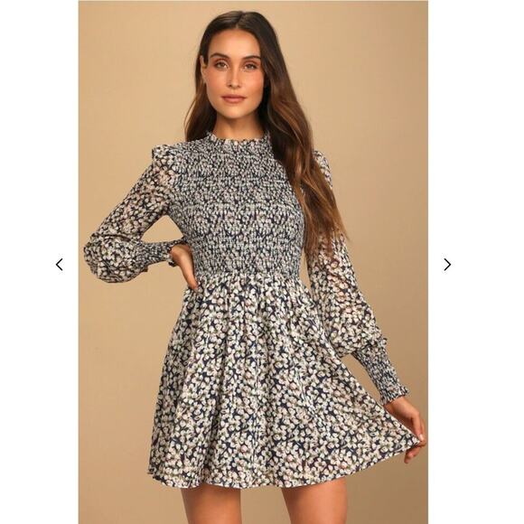 Lulus Medium Floral Forever Navy Blue Floral Print Smocked Skater Dress - Picture 15 of 15